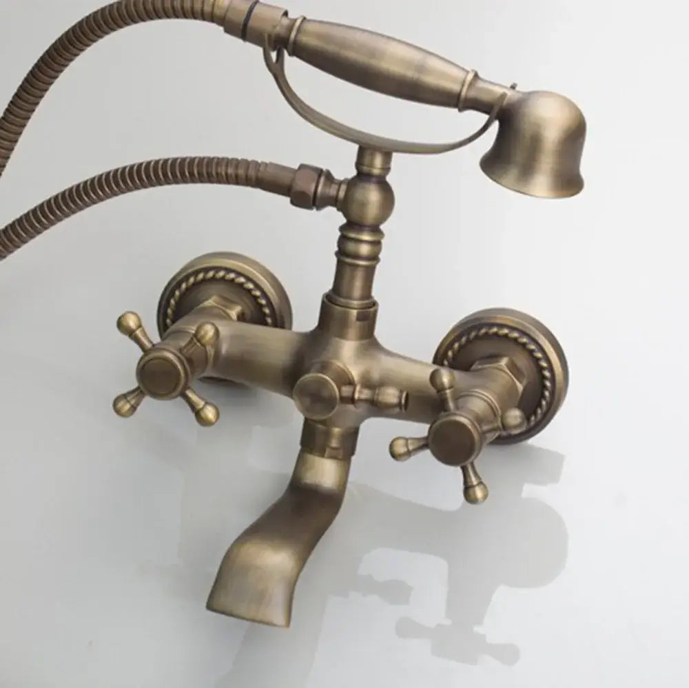 Decorbites antique brass wall mounted shower mixer set with vintage cross handles and flexible shower hose