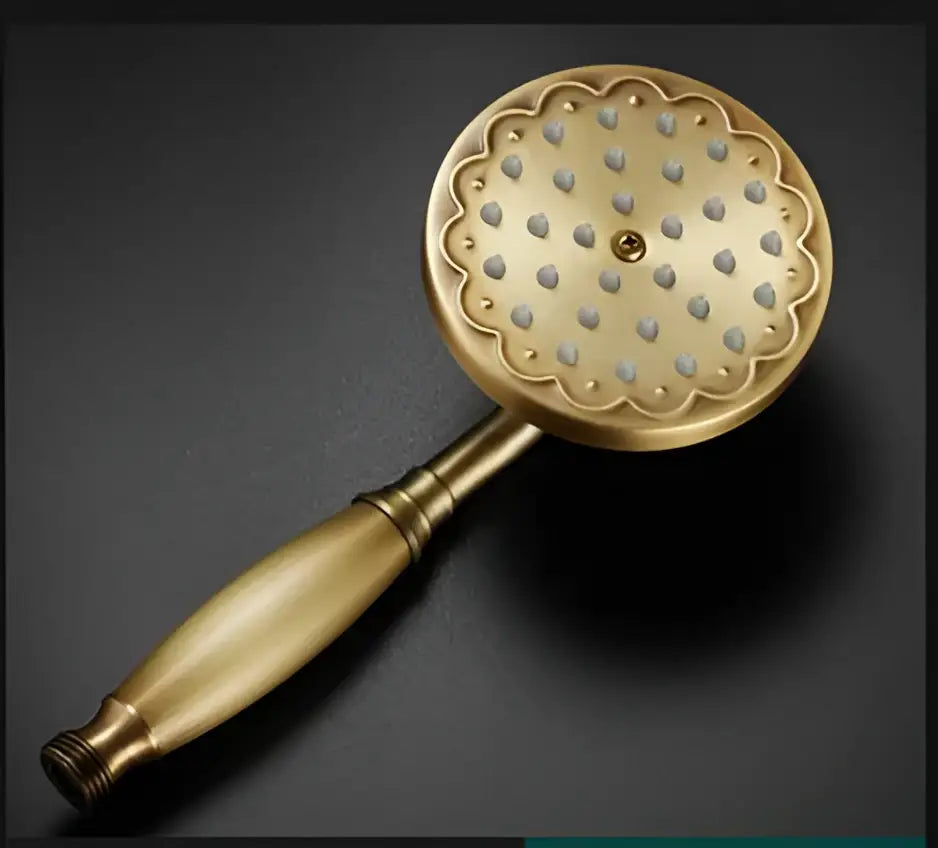 Brass-finished decorbites antique bathroom handheld shower head with scalloped circular face and high pressure rainfall nozzles