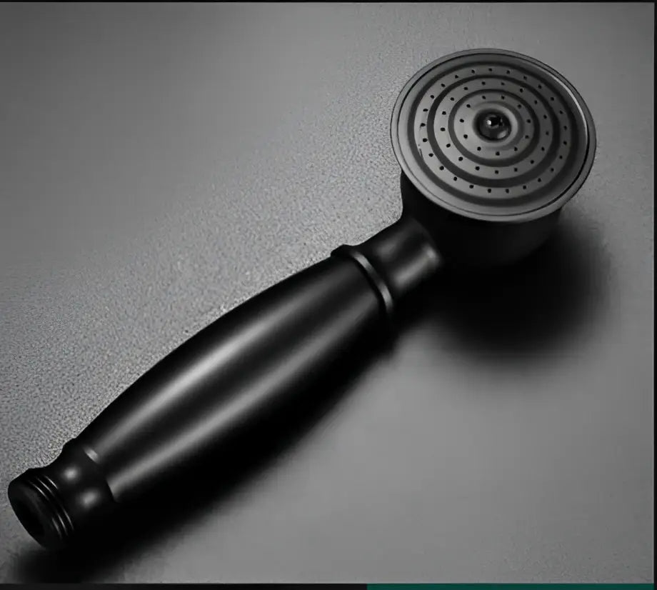 Black matte decorbites antique bathroom handheld shower head with circular spray face and textured grip handle