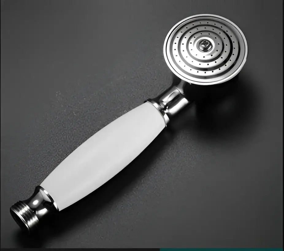 A decorbites antique bathroom handheld shower head with sleek chrome finish white ceramic handle and circular spray face