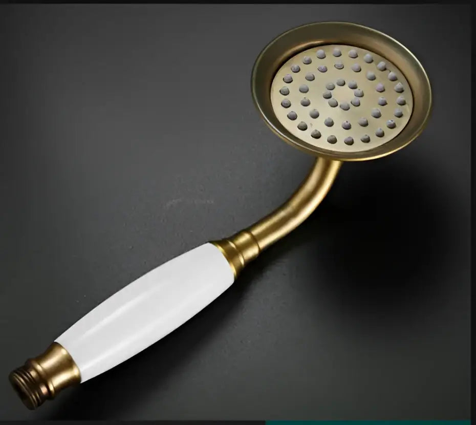 Gold-toned decorbites antique bathroom handheld shower head with white ceramic handle and high pressure rainfall nozzle