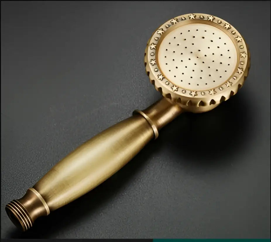 Antique bathroom handheld shower head by DecorBites with brass finish circular perforated spray face and ridged edges