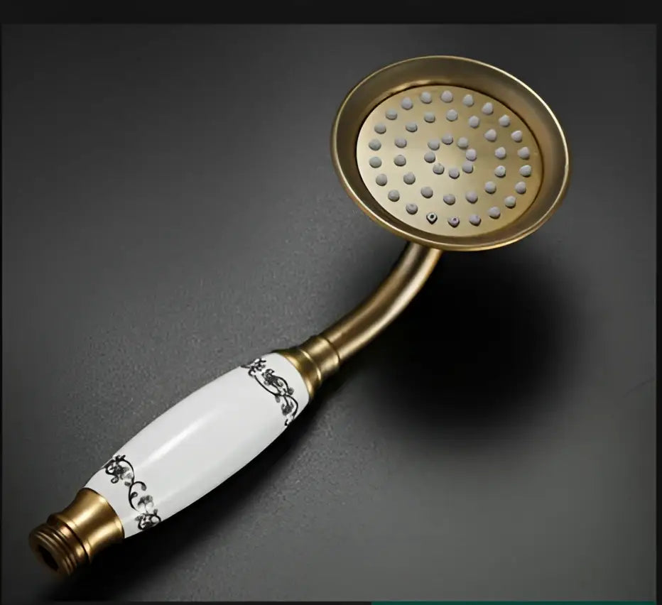 Gold-toned decorbites antique bathroom handheld shower head with white ceramic handle and black ornate detailing