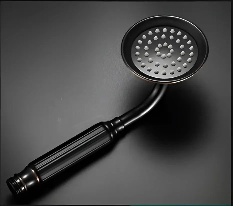 Black matte finished decorbites antique bathroom handheld shower head with sleek curved handle and circular high pressure nozzle