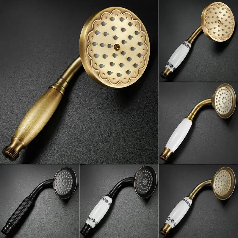 Decorbites antique bathroom handheld shower head with antique brass finish scalloped face and patterned ceramic handle