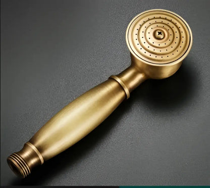 Brass-finished decorbites antique bathroom handheld shower head with circular spray face and textured grip handle for high pressure rainfall