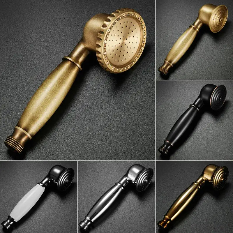 Brass-finished decorbites antique bathroom handheld shower head with textured circular spray face and ridged edges