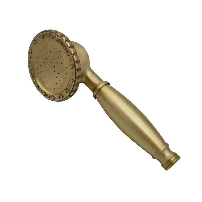 Gold-toned brass decorbites antique bathroom handheld shower head with floral embossing and high pressure rainfall nozzle