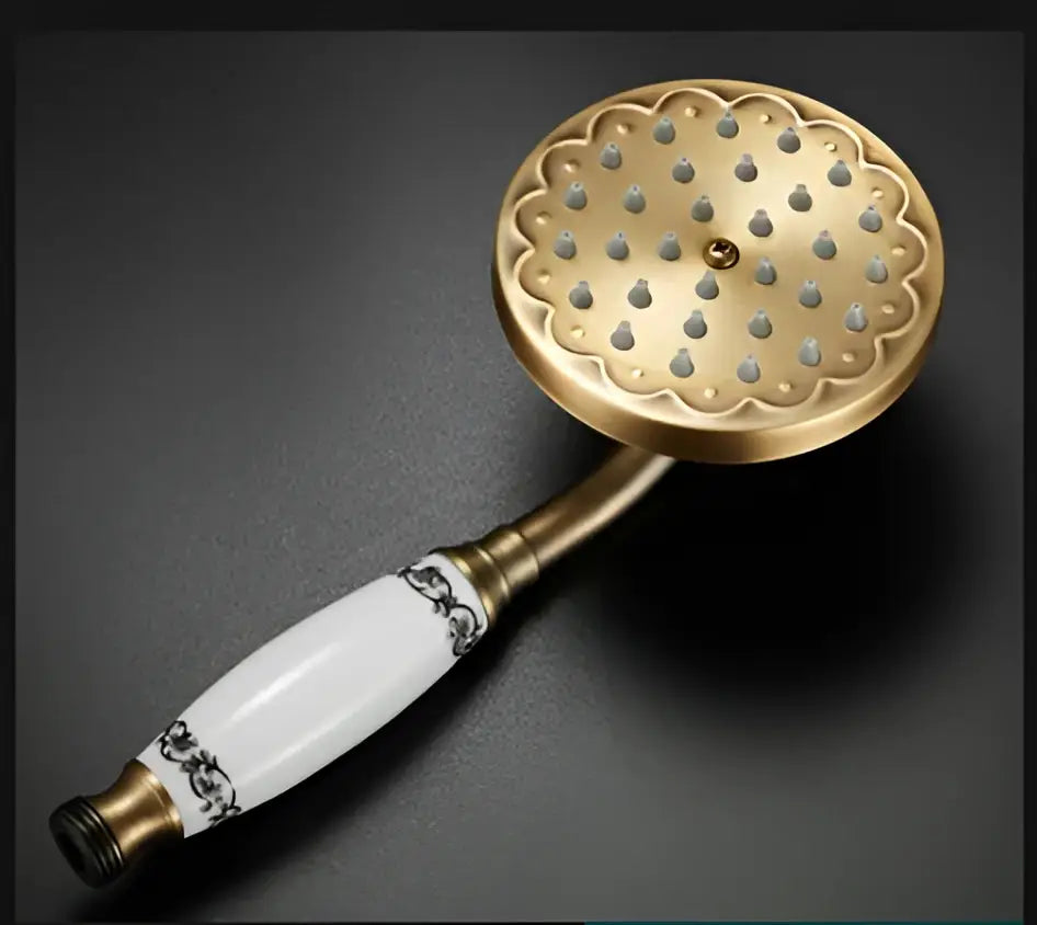 Gold-toned DecorBites antique bathroom handheld shower head with white ceramic handle and black floral patterns for high pressure use