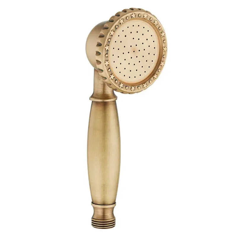 Decorbites antique bathroom handheld shower head in antique brass with decorative star-patterned rim and perforated spray face