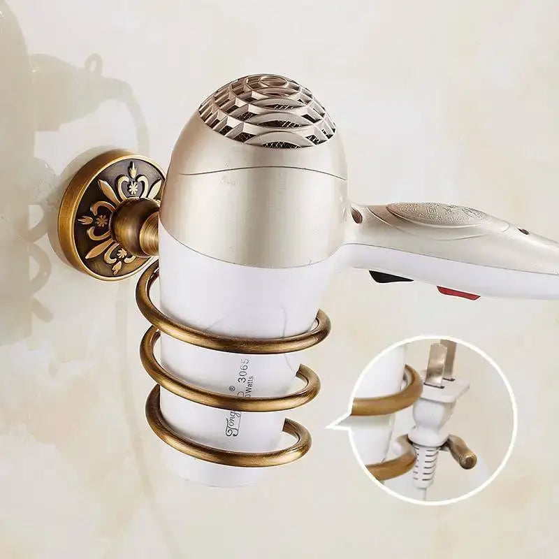 DecorBites antique brass wall-mounted hair dryer holder with ornate floral design for bath hardware and towel rack set