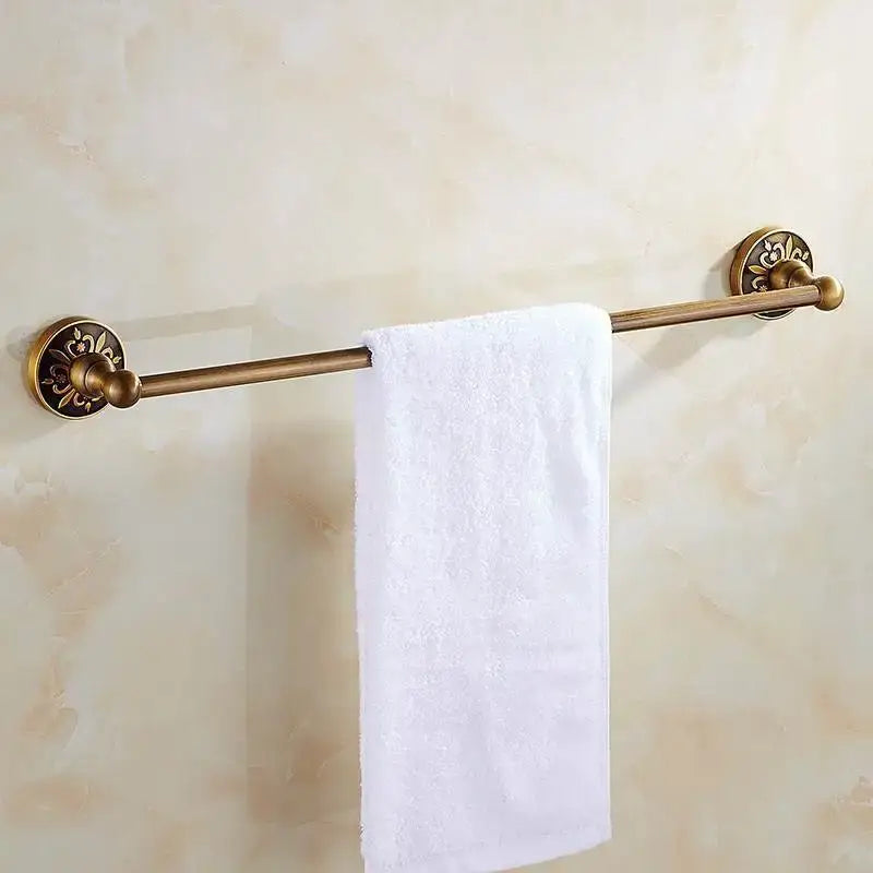 DecorBites antique brass towel rack with ornate floral wall mounts bath hardware and toilet brush holder set