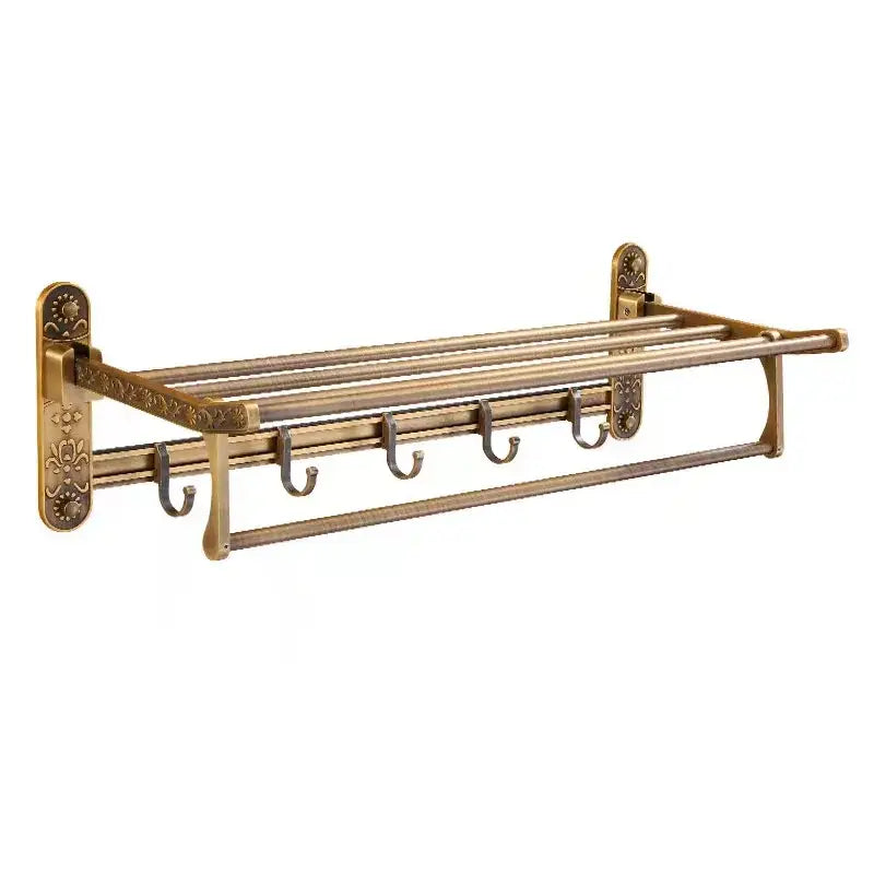 DecorBites™ antique brass towel rack with ornate floral mounting plates and five hooks included in bath hardware set with toilet brush holder