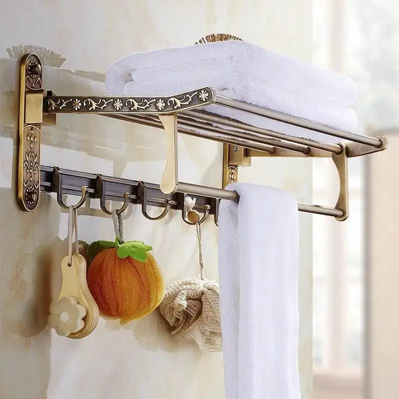 Decorbites antique brass-finished towel rack with ornate floral detailing bath hardware and toilet brush holder set