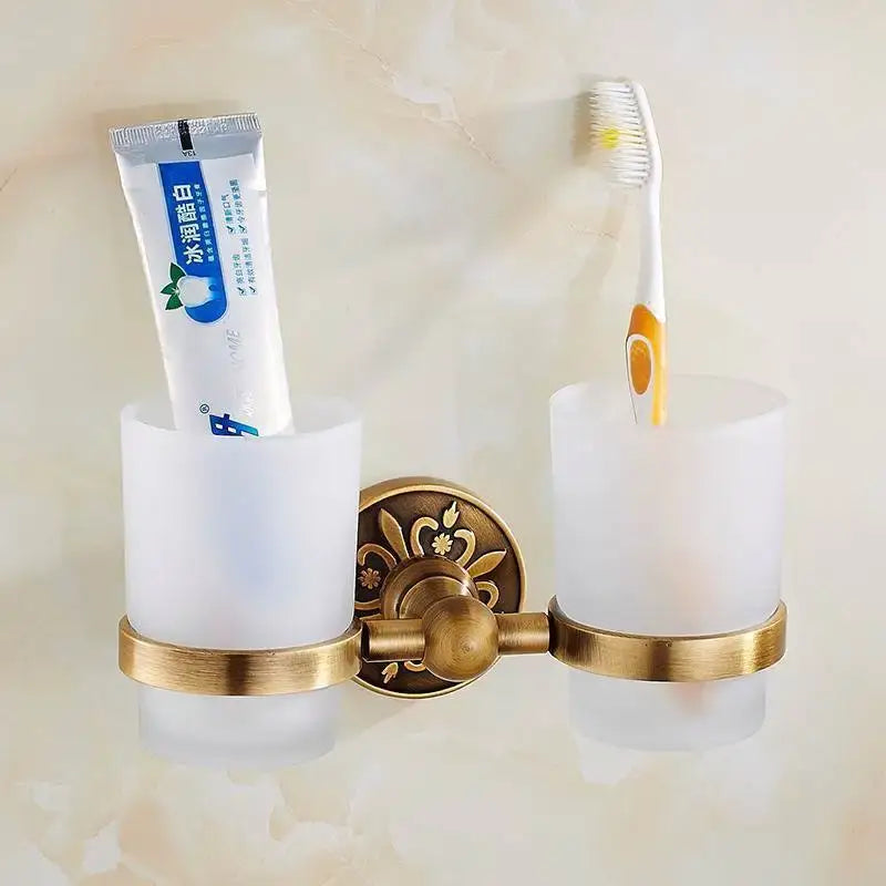 Brass double bathroom toothbrush holder with frosted glass cups in decorbites antique bath hardware towel rack set
