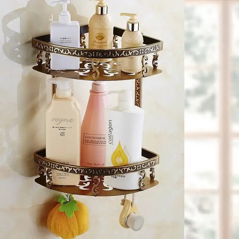 Decorbites antique brass two-tier wall-mounted bathroom shelf with ornate scrollwork towel rack and toilet brush holder bath hardware