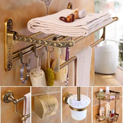 DecorBites antique brass towel rack with ornate floral detailing includes bath hardware and toilet brush holder