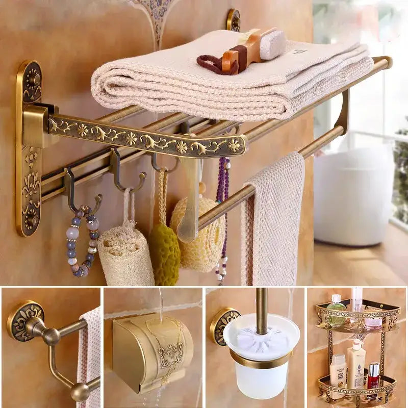 DecorBites antique brass towel rack with ornate floral detailing includes bath hardware and toilet brush holder
