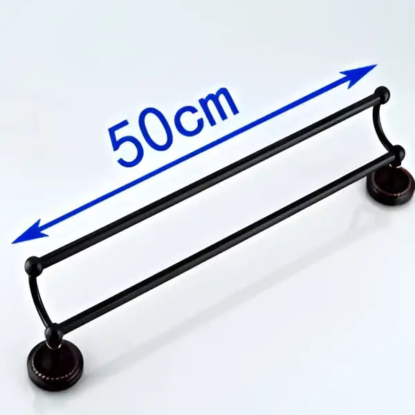 Decorbites antique black brass double towel bar with matte finish and circular end caps for bathroom use