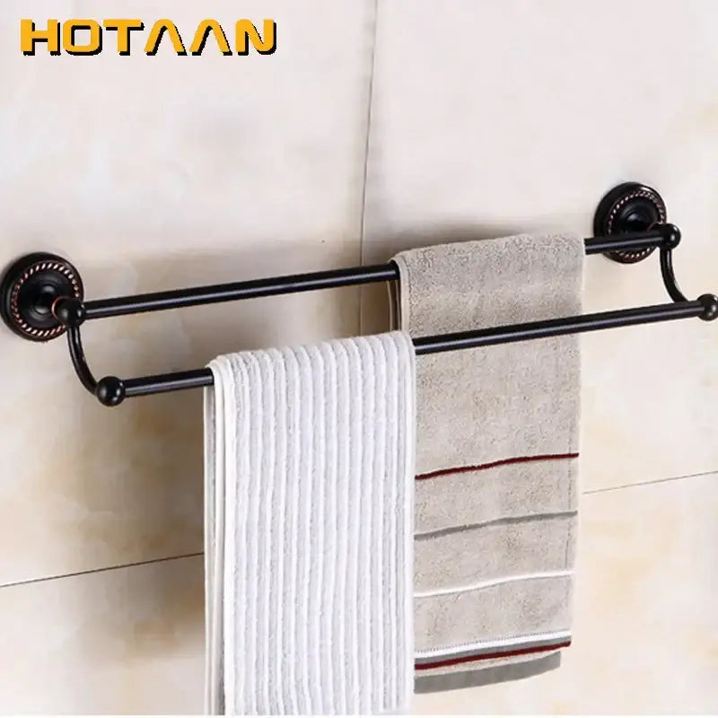 DecorBites™ antique black brass double towel bar with ornate circular wall mounts and decorative end caps 30-60cm