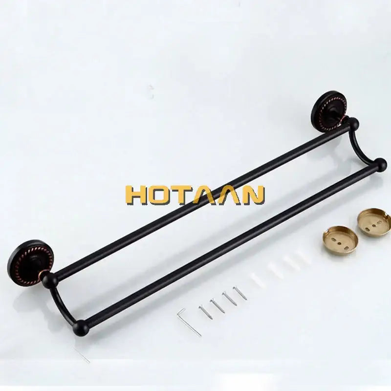 DecorBites antique black brass double towel bar 30-60cm with ornate circular wall mounts and matching hardware