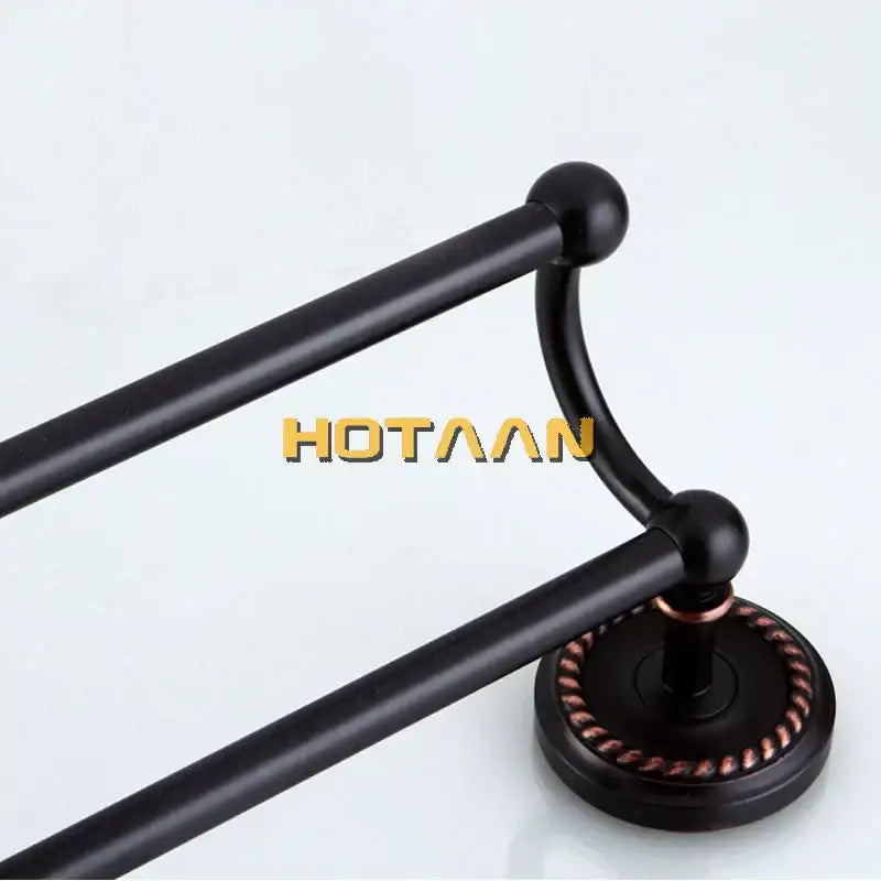 DecorBites™ antique black brass double towel bar with black matte finish and copper-toned accents for bathroom use