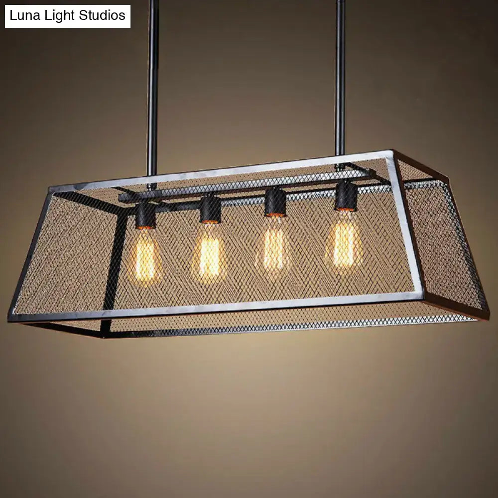 DecorBites™ antique black iron trapezoid suspension light with mesh cage and four Edison bulbs restaurant island chandelier