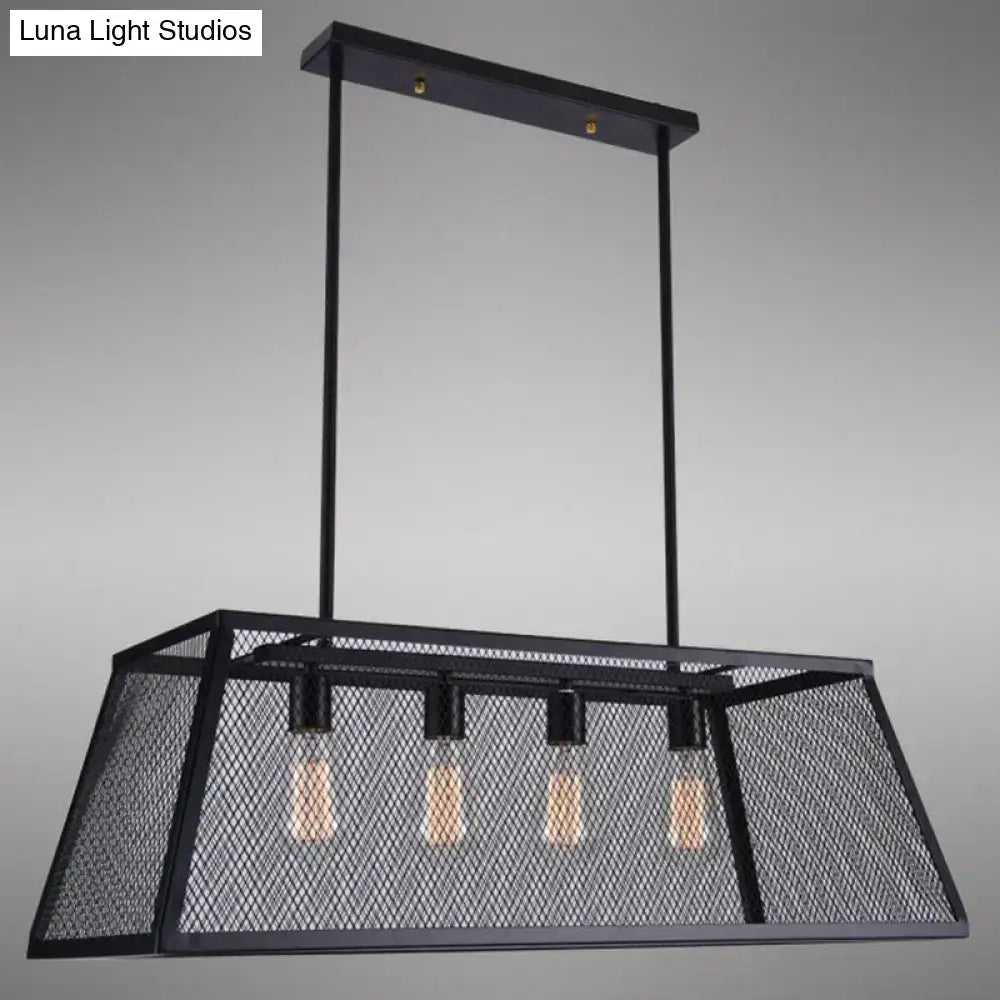 Black metal mesh pendant light with three exposed bulbs in iron trapezoid suspension restaurant island chandelier design