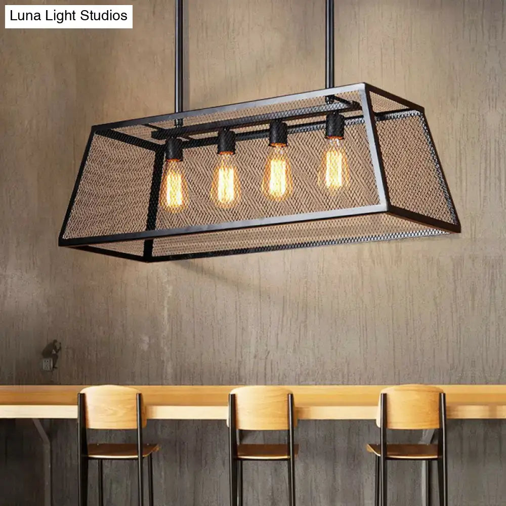 Decorbites antique black iron trapezoid suspension light with black metal mesh and four exposed edison bulbs restaurant island chandelier