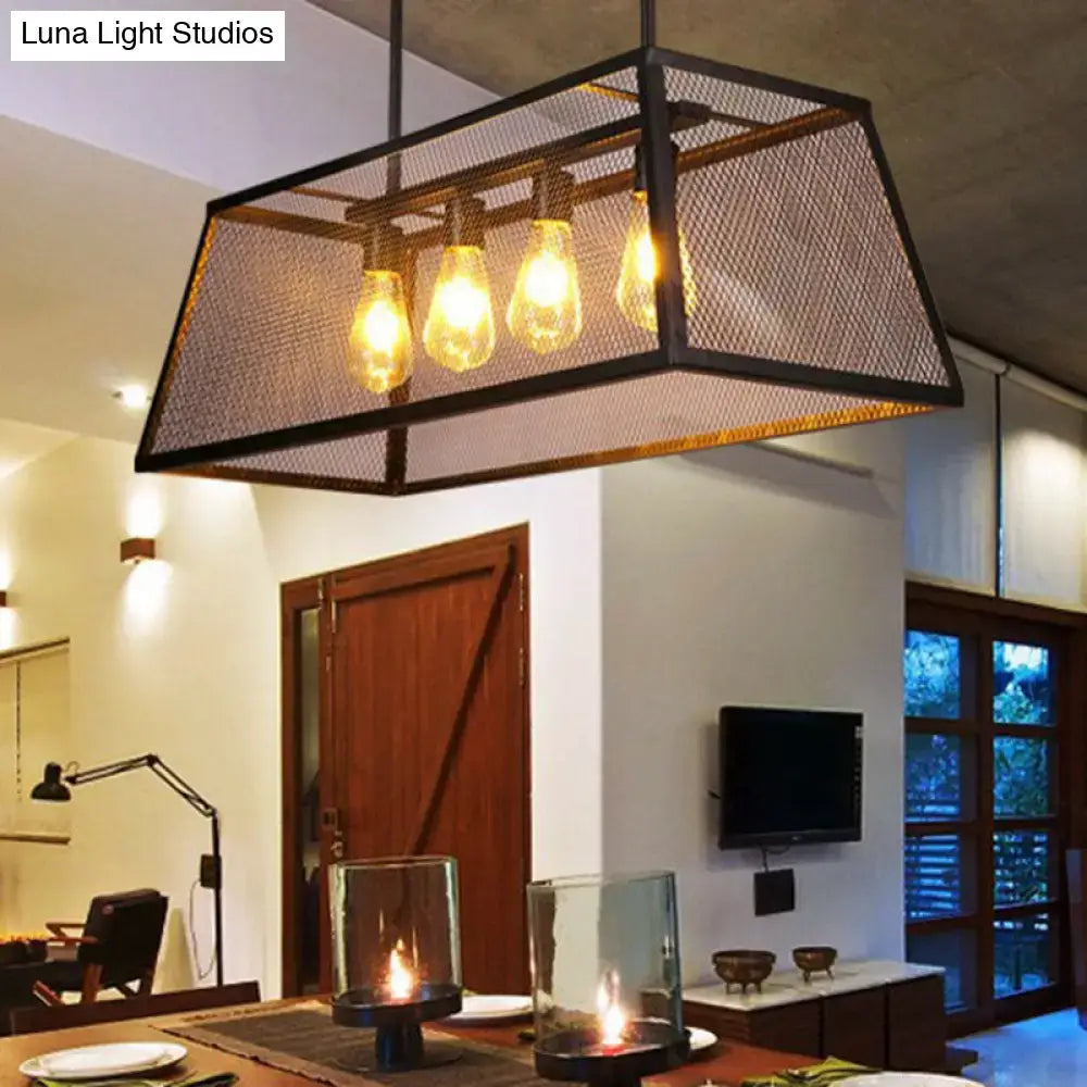 Industrial-style black iron trapezoid suspension light with four exposed edison bulbs restaurant island chandelier