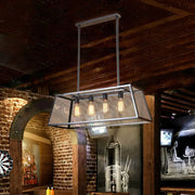 Decorbites antique black iron trapezoid suspension light with mesh shade and four exposed edison bulbs restaurant island chandelier