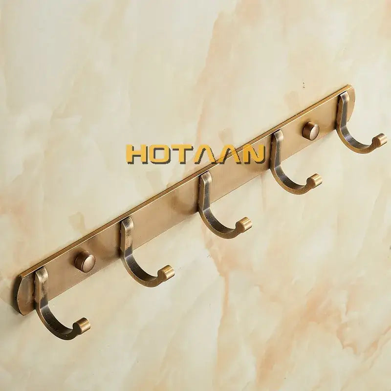 Decorbites antique black robe hook brass finish wall-mounted coat rack with five curved hooks and round decorative knobs