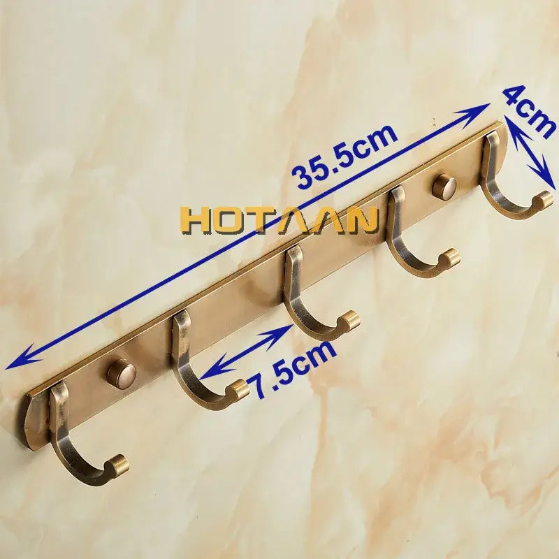 Decorbites antique black robe hook brass finish metal wall hook rack with four curved hooks and decorative knobs 35.5cm