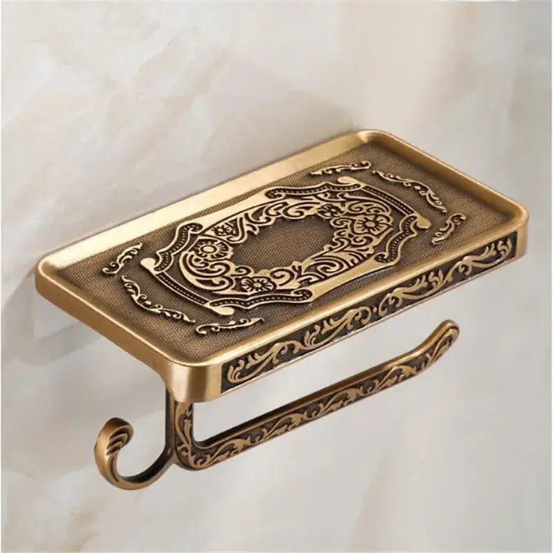 Decorbites antique black toilet paper holder with phone shelf features ornate brass floral and scrollwork design