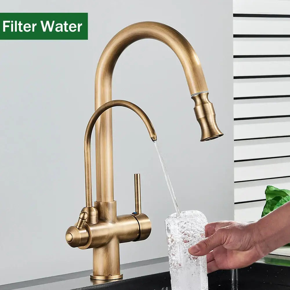 Brass-finished decorbites antique brass kitchen faucet with curved spout and pull-out spray head for versatile use