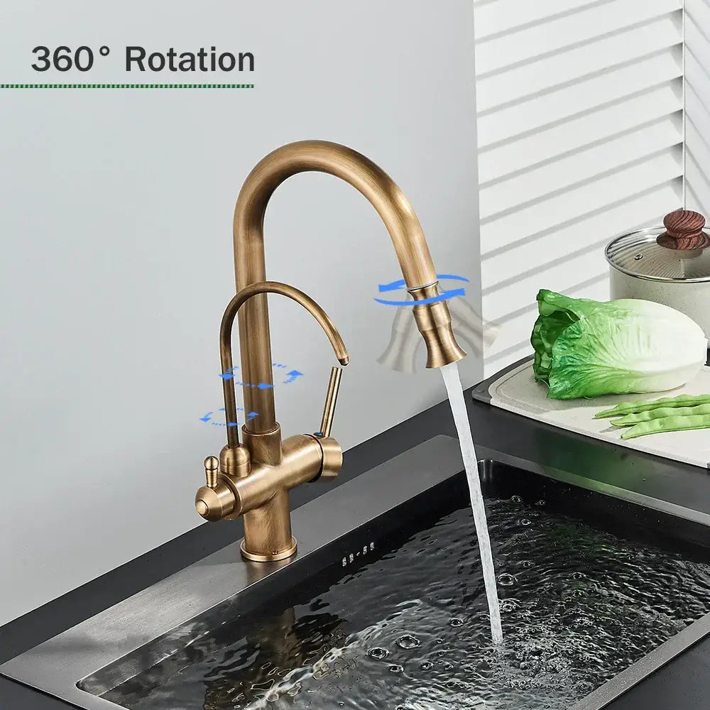 Decorbites antique brass 2-in-1 kitchen faucet with brass finish curved spout rotating pull-down spray head