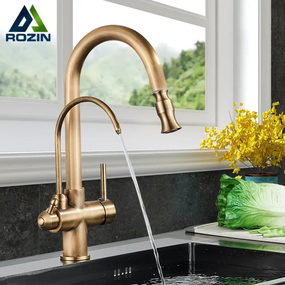 Decorbites antique brass 2-in-1 kitchen faucet with high-arc spout and pull-down spray head in antique brass finish