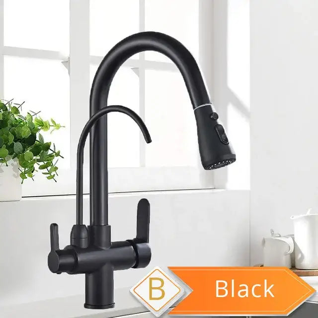 Black matte finish kitchen faucet with curved spout and pull-down spray head in decorbites antique brass style