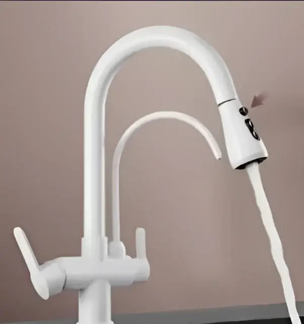 White kitchen faucet with curved spout and dual handles in decorbites antique brass 2-in-1 kitchen faucet with pull out nozzle and purification