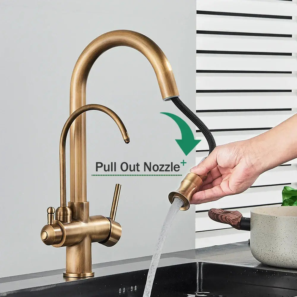 Decorbites antique brass 2-in-1 kitchen faucet with pull-out nozzle, sleek curved spout, and brass finish