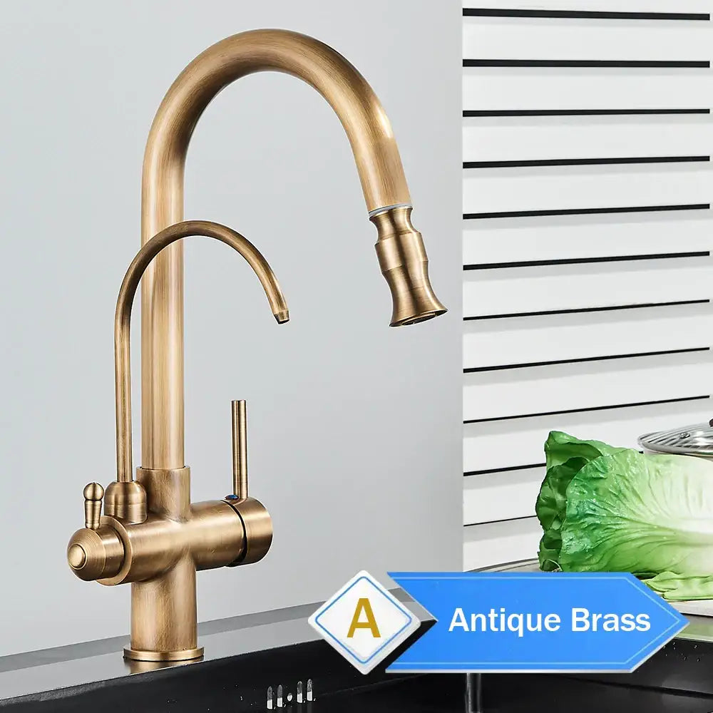 Decorbites antique brass 2-in-1 kitchen faucet with curved spout dual handles pull out nozzle and purification system
