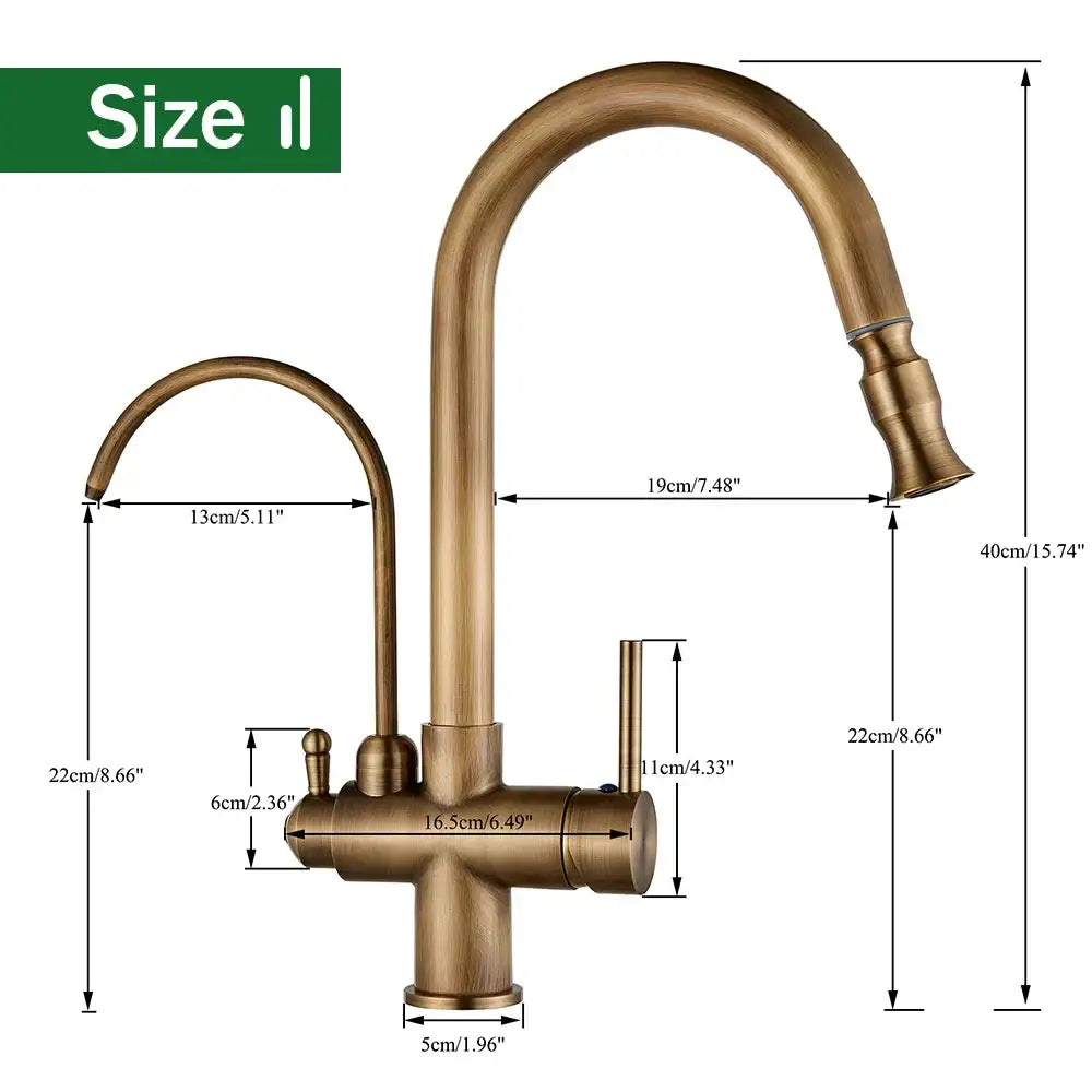Decorbites antique brass kitchen faucet with curved spout and separate side sprayer in antique brass finish