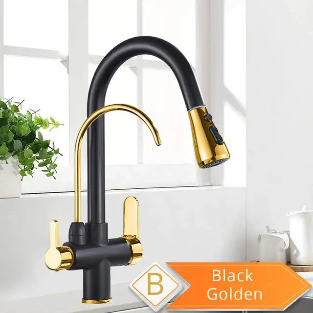 Decorbites antique brass 2-in-1 kitchen faucet in black and gold with dual handles pull-down spray head and curved spout
