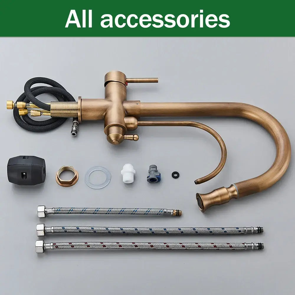 Decorbites antique brass 2-in-1 kitchen faucet with pull out nozzle and multiple control handles with hoses and fittings