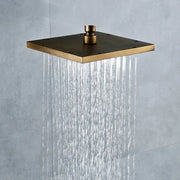 Decorbites antique brass 8-inch square rainfall shower head with central knob and multiple water streams in antique brass finish