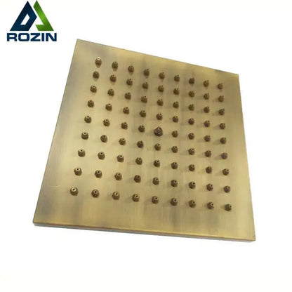 Decorbites antique brass 8-inch square rainfall shower head with brass-colored finish and rounded nozzles grid