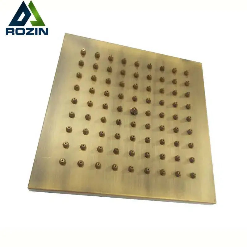 Decorbites antique brass 8-inch square rainfall shower head with brass-colored finish and rounded nozzles grid