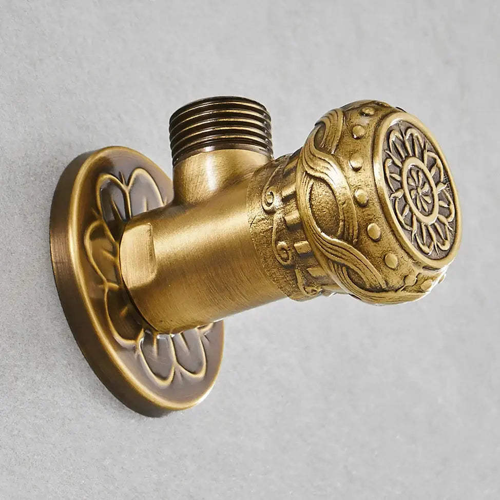 Decorbites antique brass angle stop valve with intricate floral embossed patterns for faucet and toilet use