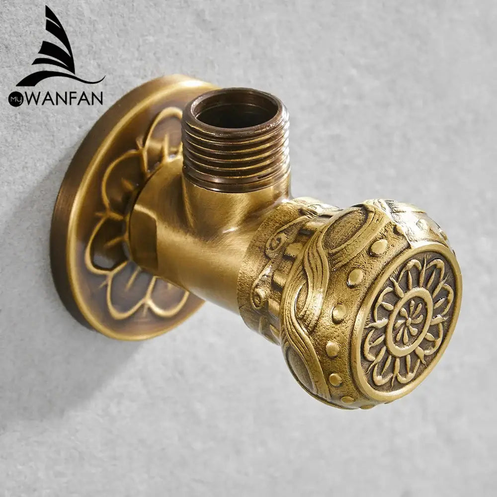 Decorbites™ antique brass angle stop valve with intricate floral embossed patterns for faucet and toilet use