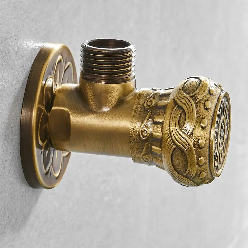 DecorBites antique brass angle stop valve with ornate embossed floral and scrollwork detailing for faucet and toilet
